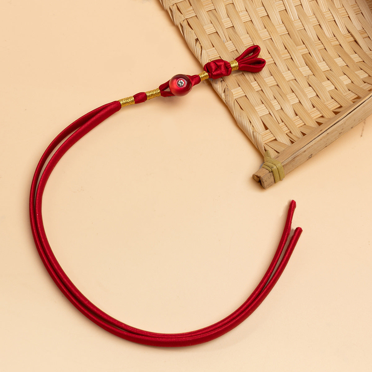 Cheongsam pankou braided button cord, red with round rhinestone button