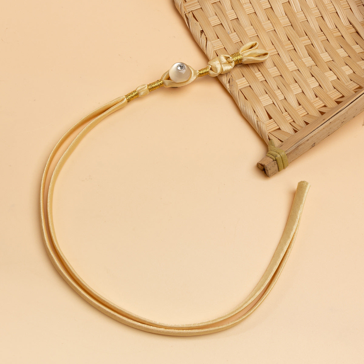Cheongsam pankou braided button cord, light-gold with round rhinestone button