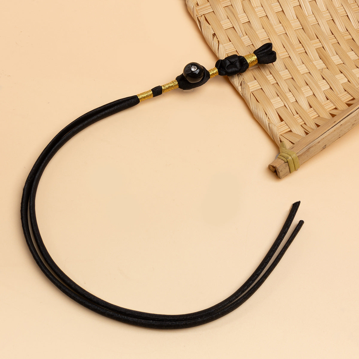 Cheongsam pankou braided button cord, black with round rhinestone button