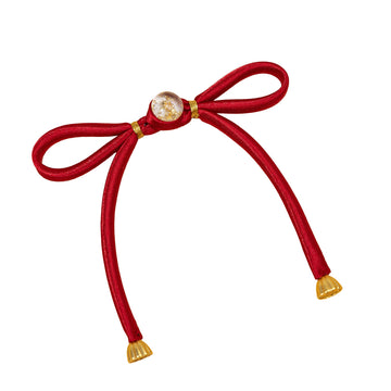 Satin Chinese bowknot button, red ribbon bow with round gold-tone centerpiece and caps