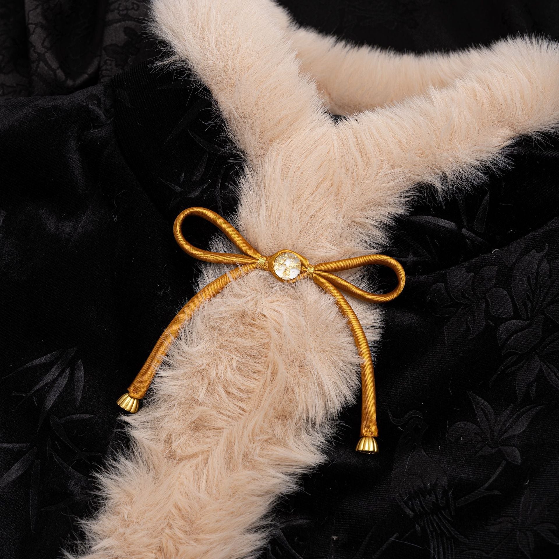 Faux fur scarf button clasp with satin bow, gold ribbon loops and round gold-tone center