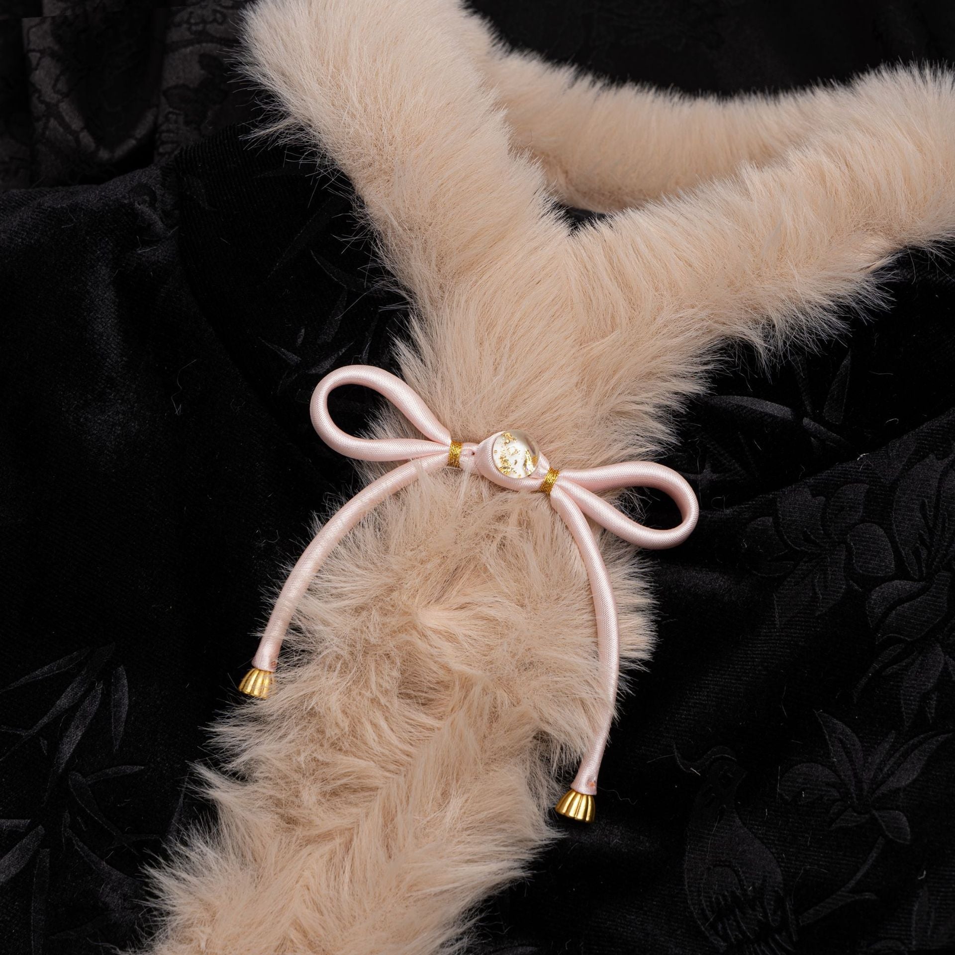 Faux fur scarf button clasp with satin bow, pale pink ribbon loops and round gold-tone center