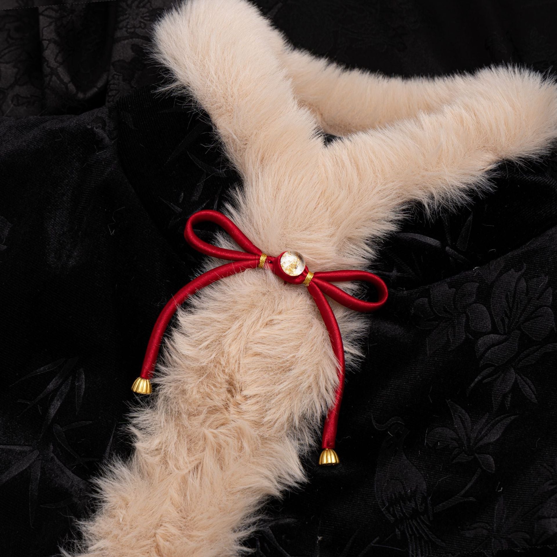 Faux fur scarf button clasp with satin bow, red ribbon loops and round gold-tone center