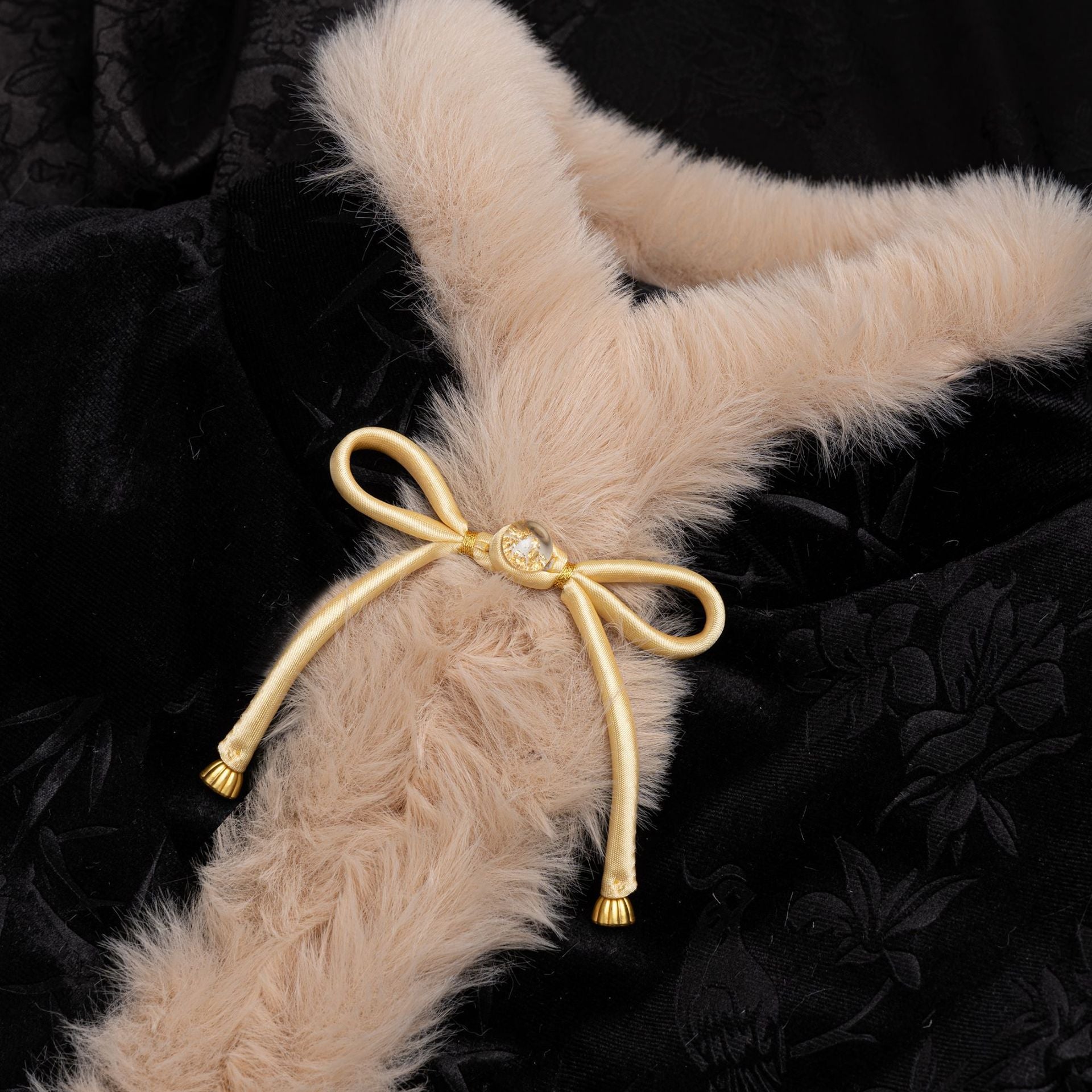 Faux fur scarf button clasp with satin bow, antique-gold ribbon loops and round gold-tone center
