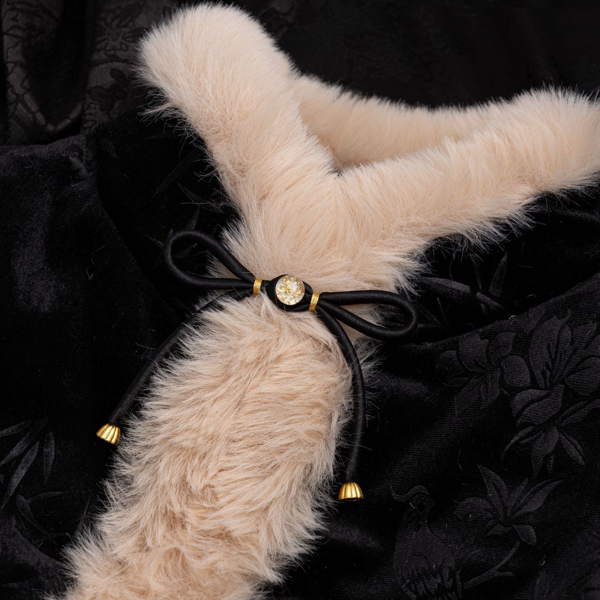 Faux fur scarf button clasp with satin bow, black ribbon loops and round gold-tone center