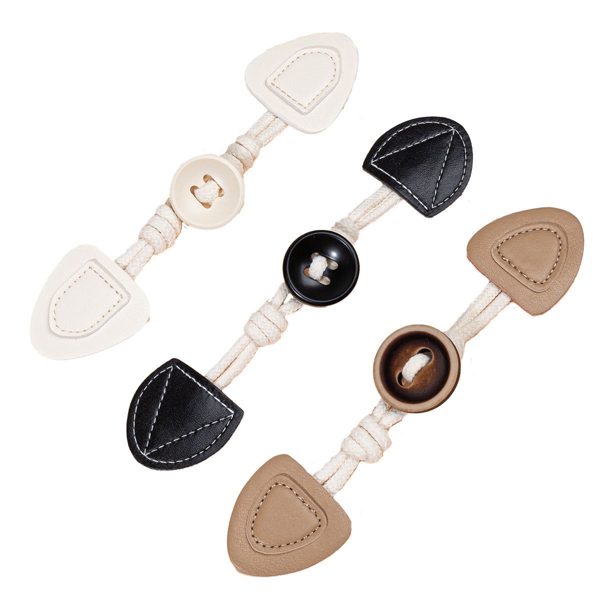 19cm leather sew-on toggles with round resin buttons, mixed colors, 6 pcs
