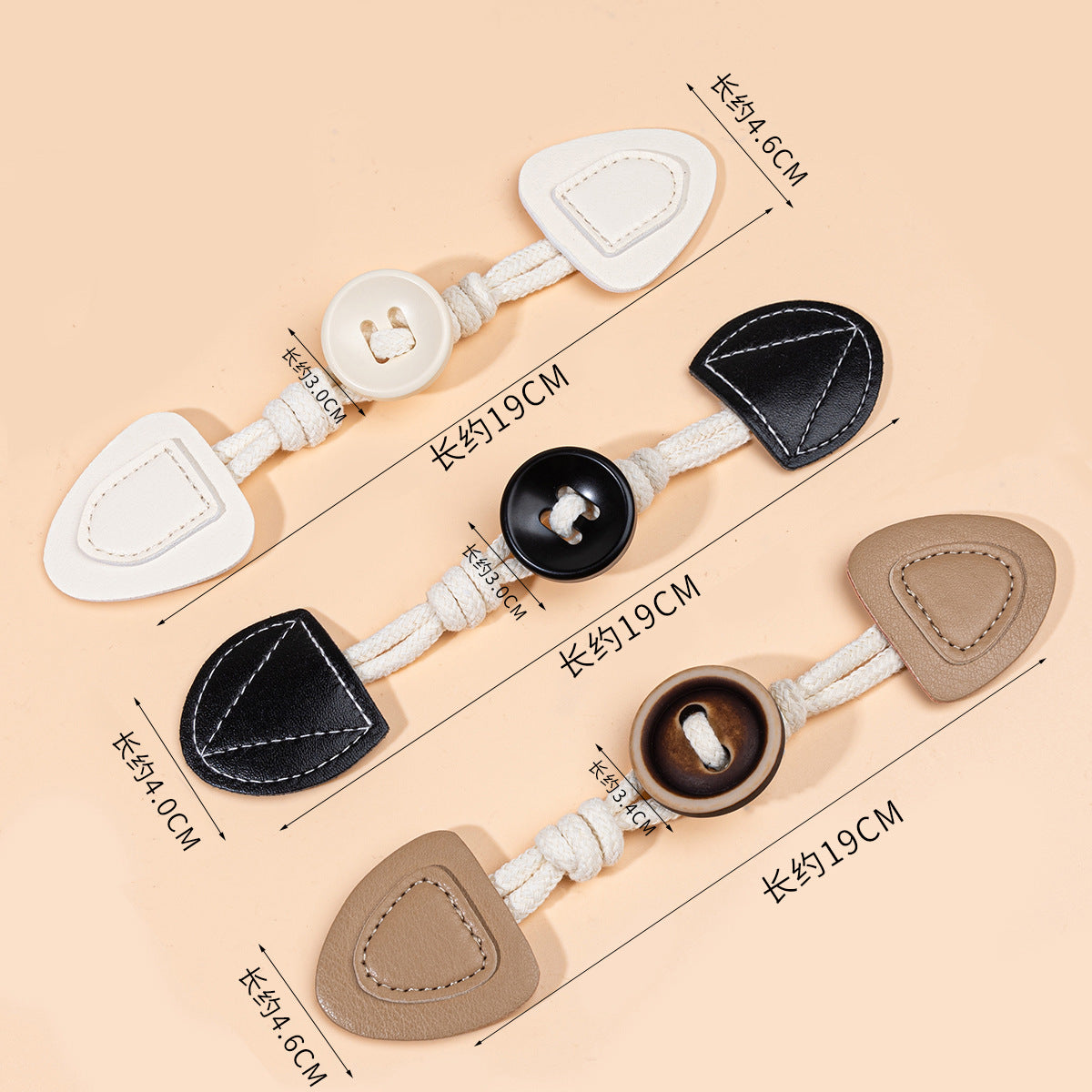 19cm leather sew-on toggles with round resin buttons, mixed colors, 6 pcs