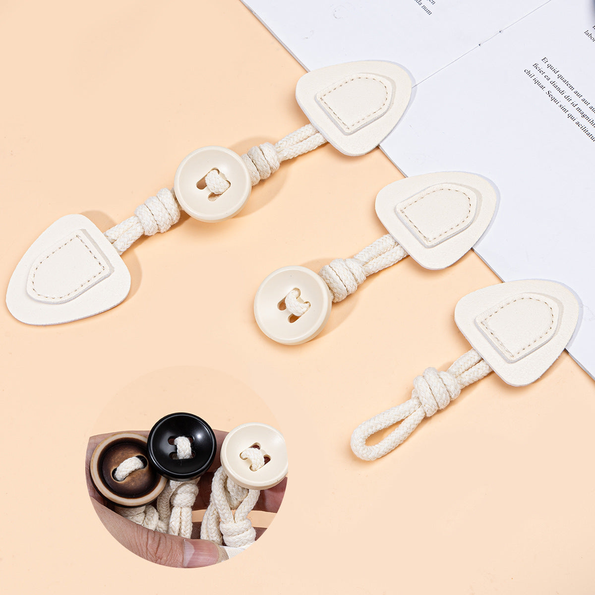 19cm leather sew-on toggles with round resin buttons, mixed colors, 6 pcs