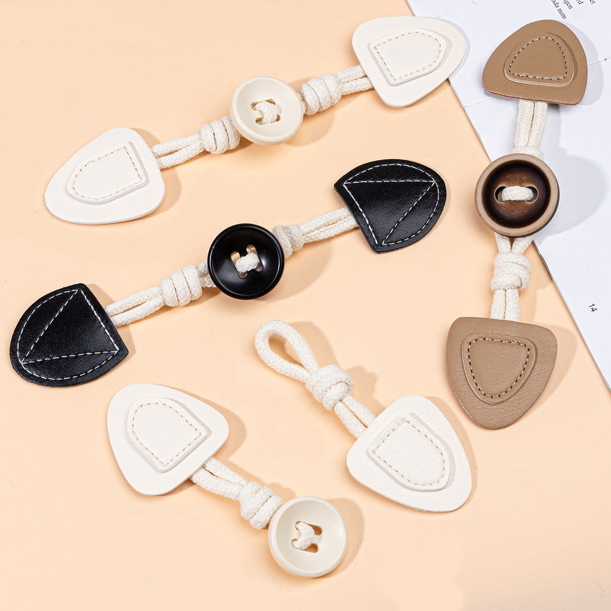 19cm leather sew-on toggles with round resin buttons, mixed colors, 6 pcs