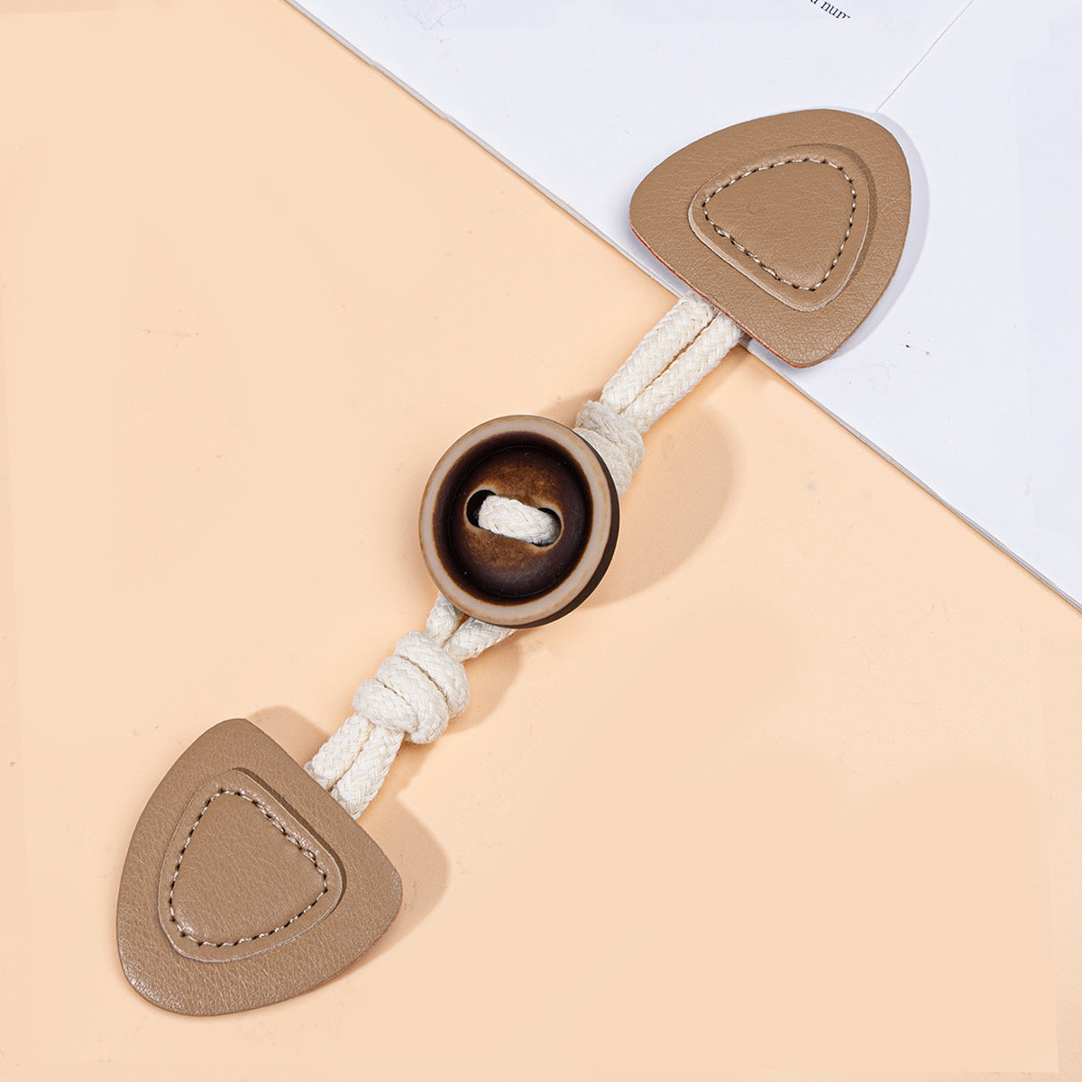 Khaki 19cm leather sew-on toggles with round resin buttons, 6 pcs