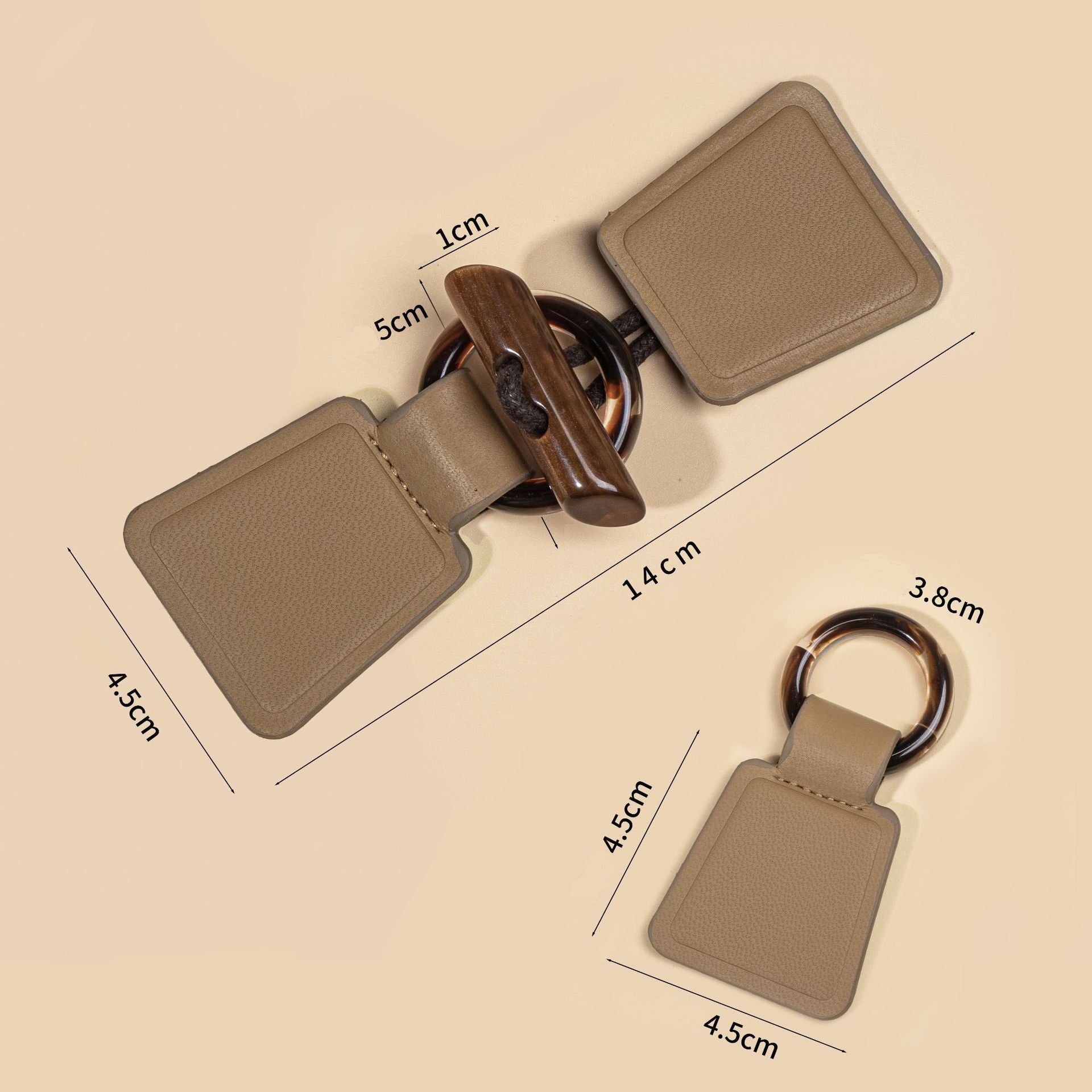 14 cm Khaki Leder-Toggle mit Harz-Schnalle, Maße 4,5×4,5 cm
