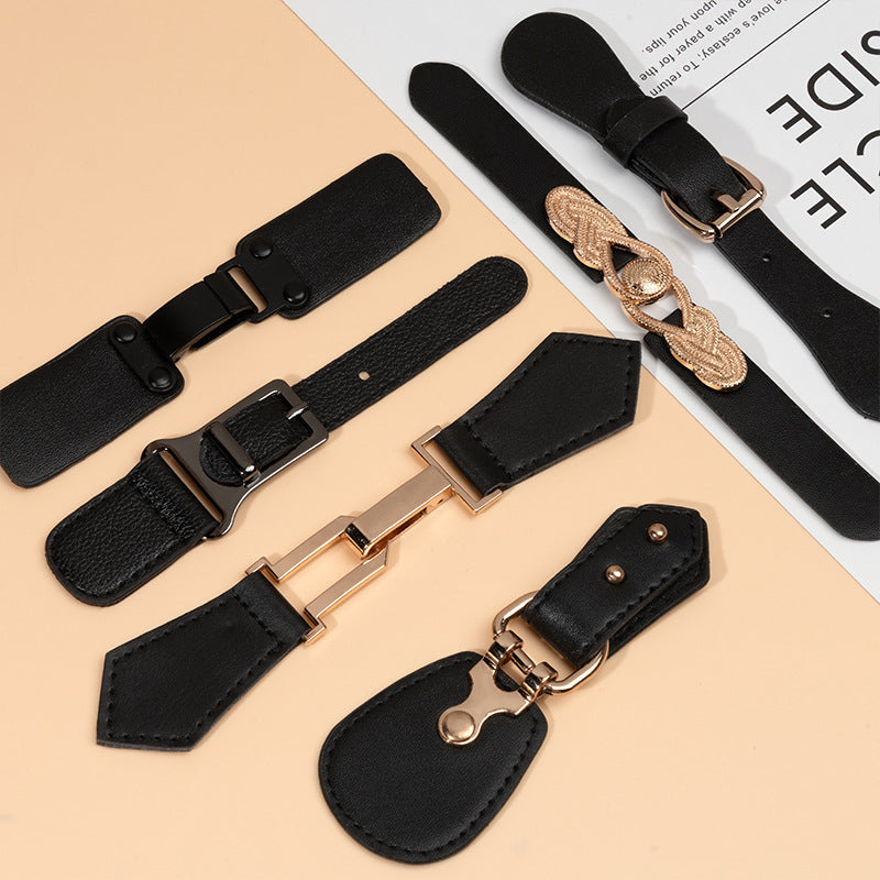 Set of black leather sew-on toggles with rose-gold and gold-tone metal buckles, 5pcs