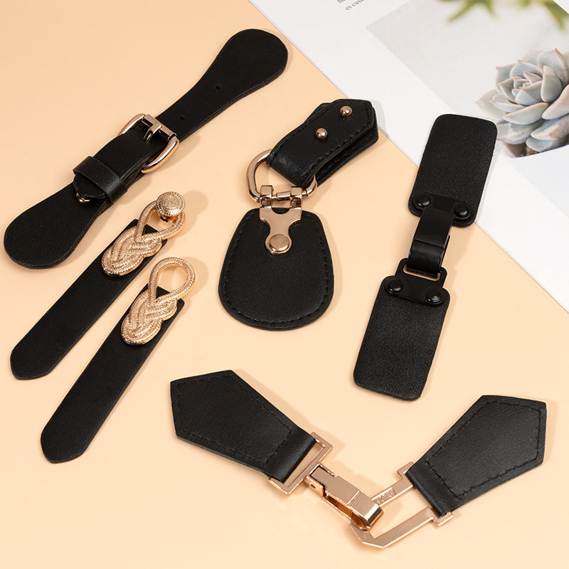 Black leather sew-on toggles with metal buckles and stitched ends, mixed sizes (5pcs)