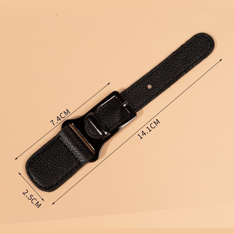 14.1cm black leather sew-on toggle with metal buckle and stitched strap ends