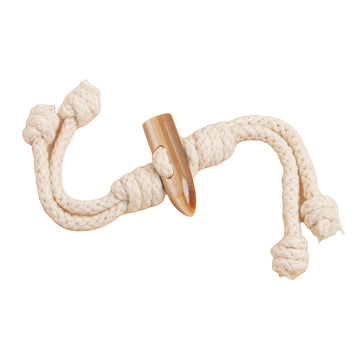 Beige cotton-hemp rope coat buckles with resin buffalo horn style tips, 2pcs shown