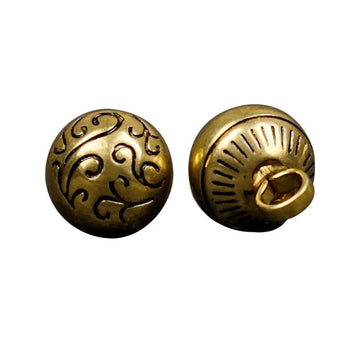 Retro copper metal button pair, ornate swirl pattern front and looped back, 10mm