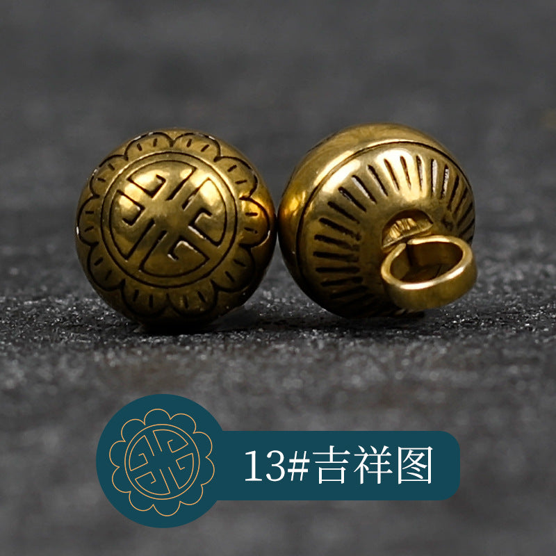 铜色金属纽扣 13#吉祥图案，正面圆形纹样，背面扣眼（包14）