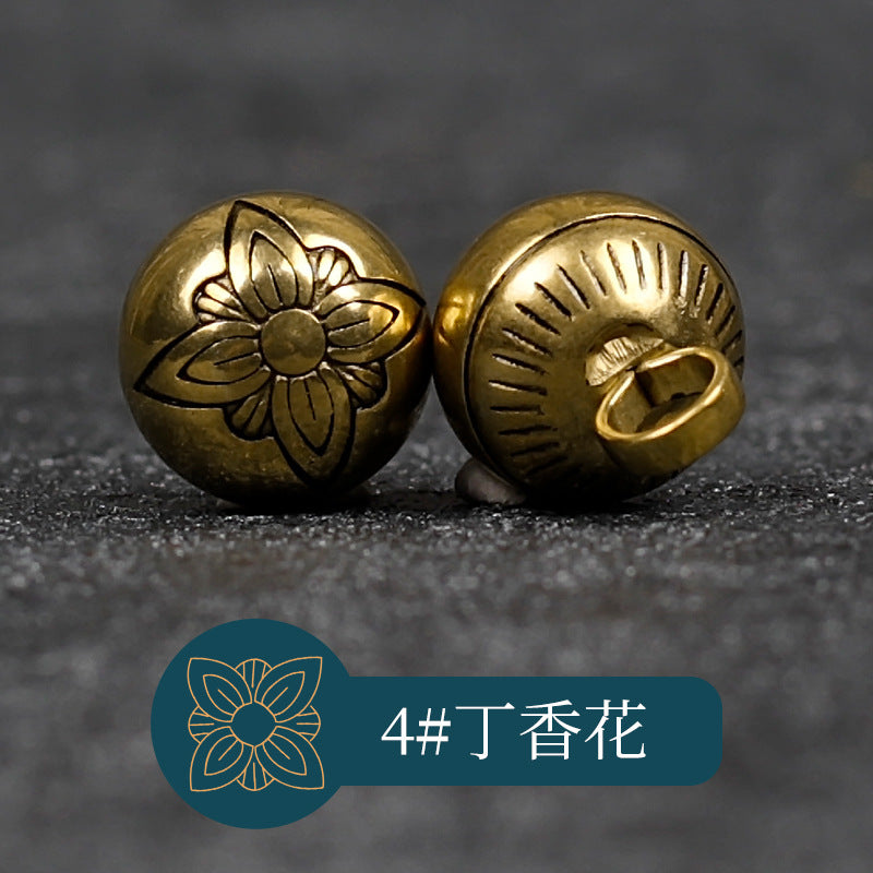 铜色金属纽扣 4#香花，正面花纹与背面扣眼（包14）