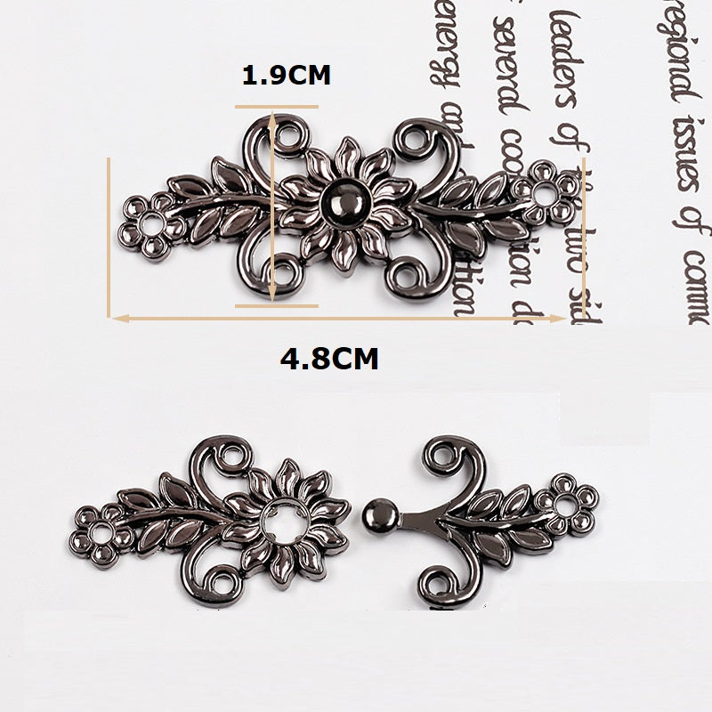 4,8-cm Froschknöpfe aus Metall mit floralen Motiven, gunmetal, 10 Stk