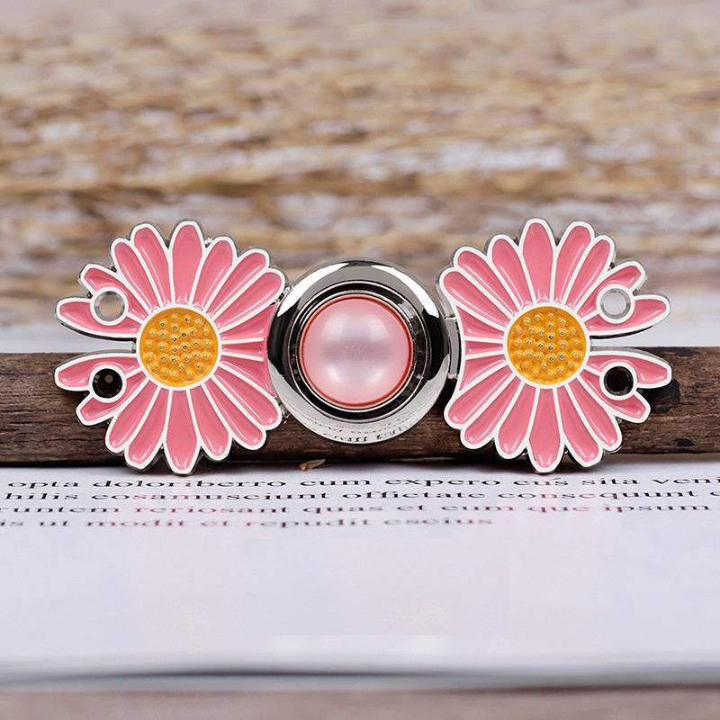 Daisy metal pair buttons, pink enamel flowers with golden center bead discs and snap backing