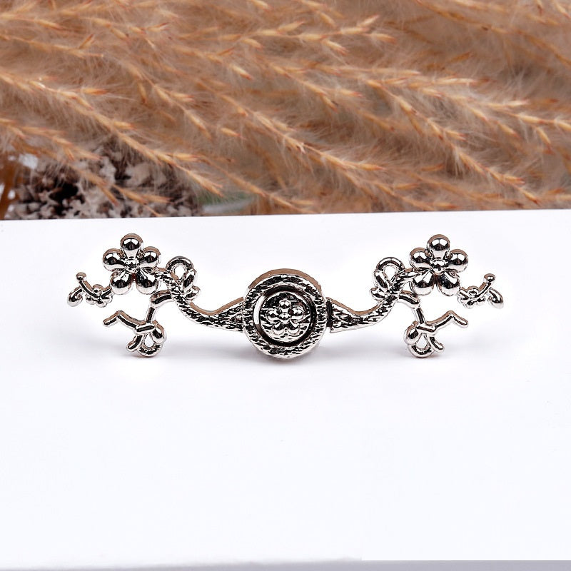 5cm metal frog button, dark silver finish with embossed plum blossom and knot details