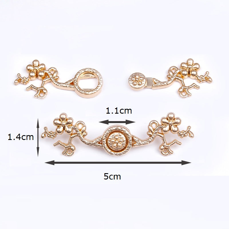 5cm metal frog button, light gold finish with plum blossom motif and four looped knots