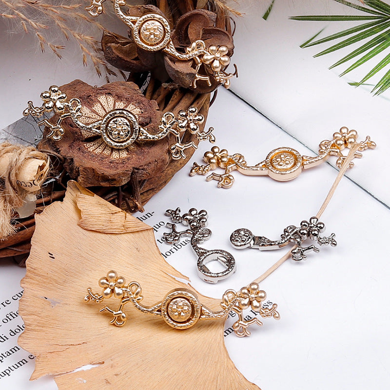 Metal frog buttons set, gold- and silver-toned ornate toggle closure