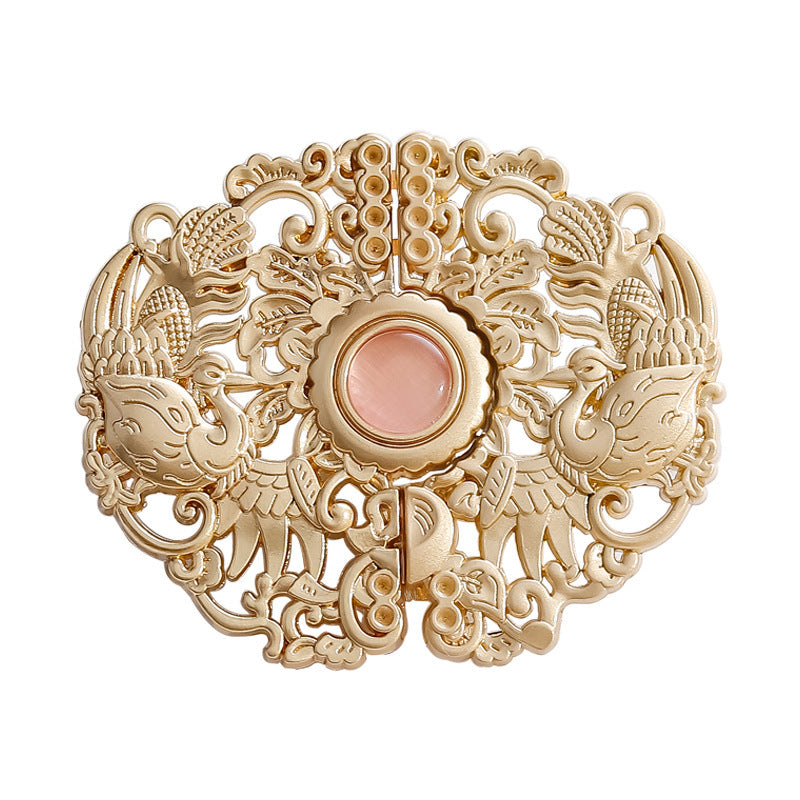 Golden auspicious phoenix hook buttons set with pink center cabochon, 6PCS