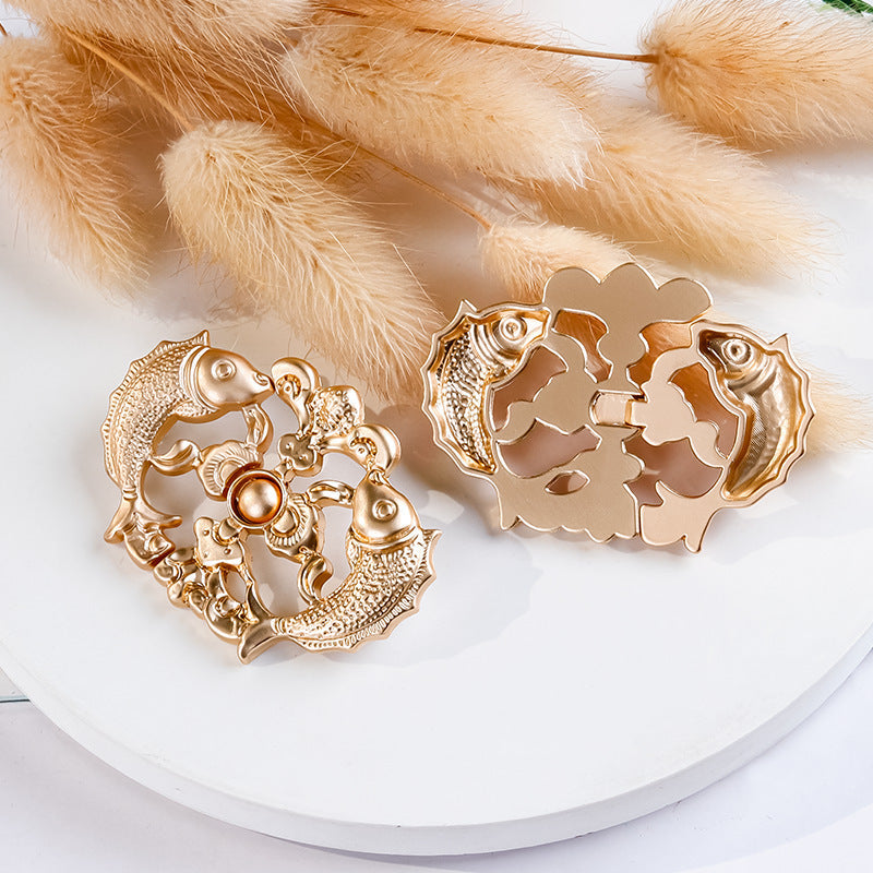Carp frog metal buttons, gold-tone set with round pearl center and ornate filigree detail