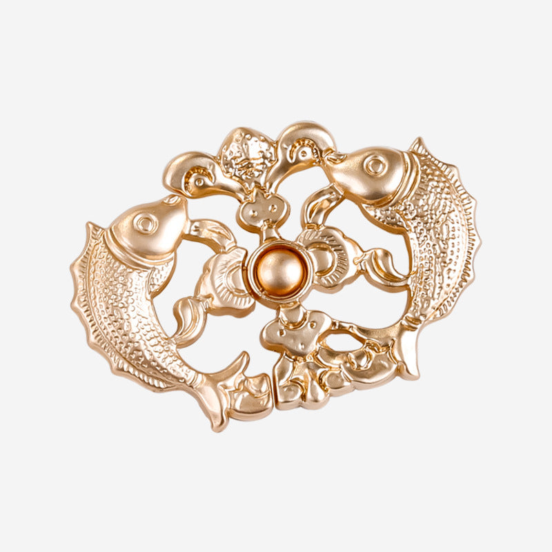 Vintage Chinese carp frog button, gold-tone metal with embossed fish and round center stud