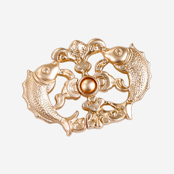 Vintage Chinese carp frog button, gold-tone metal with embossed fish and round center stud