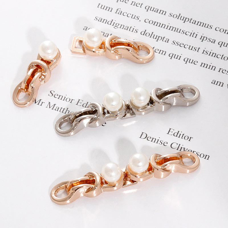 Metal frog buttons with white pearl beads, light gold and silver finishes