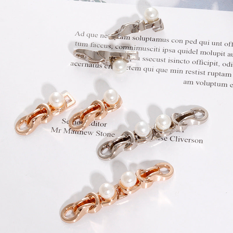 Metal frog buttons with white pearl beads, silver and light gold tones
