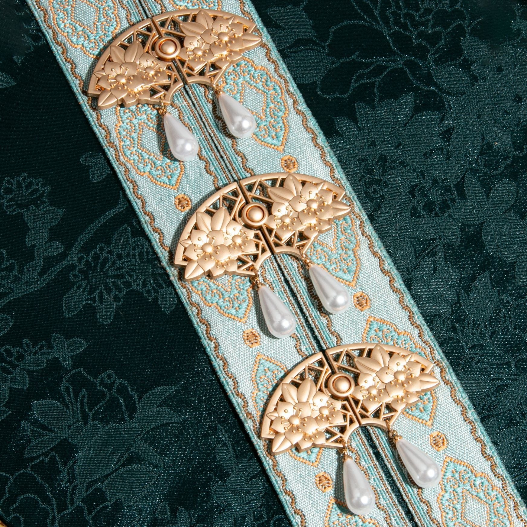 Light Gold set of three fan frog buttons with lattice blossoms and pearl teardrops