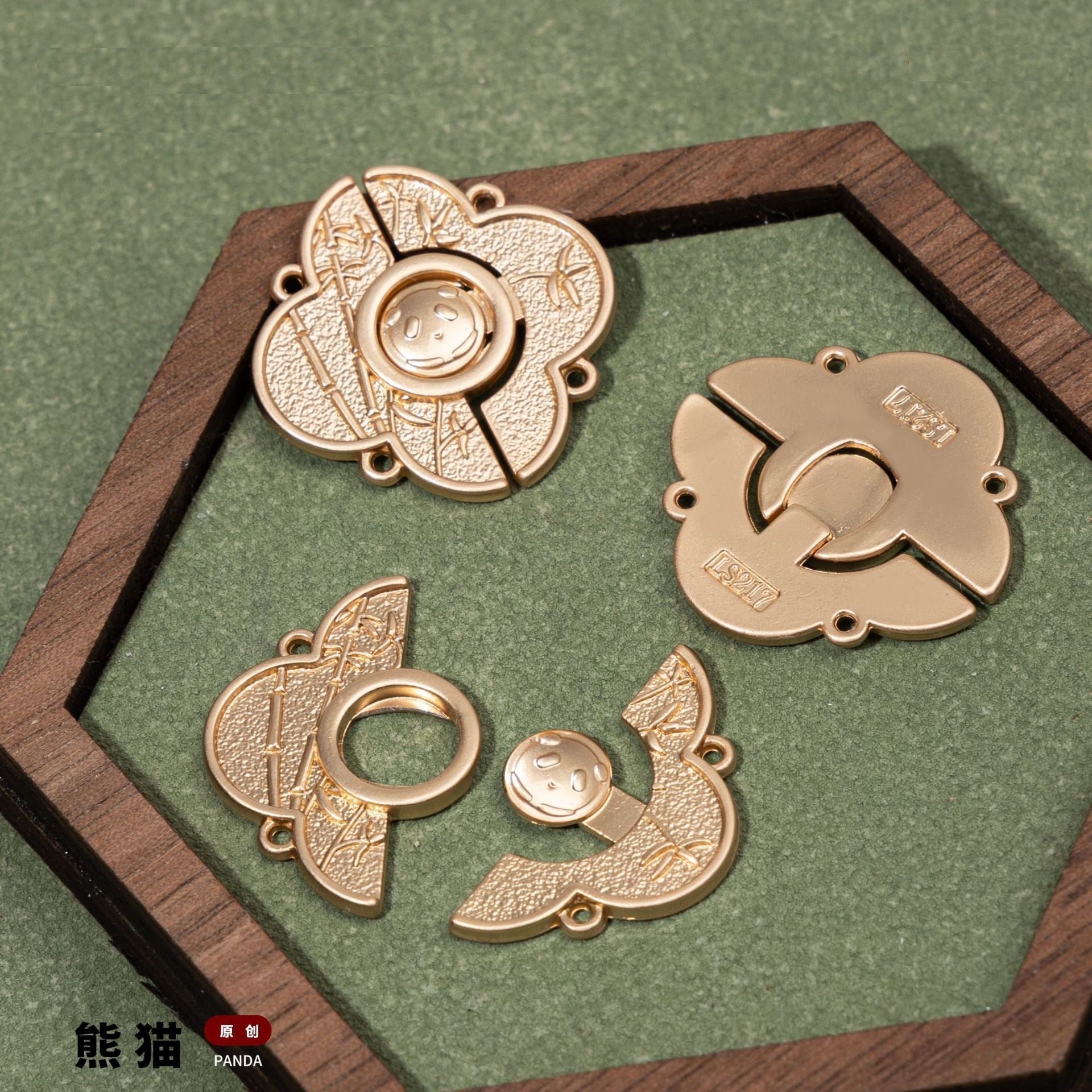 Decorative panda metal buttons set, light gold and silver tones, four-hole backs