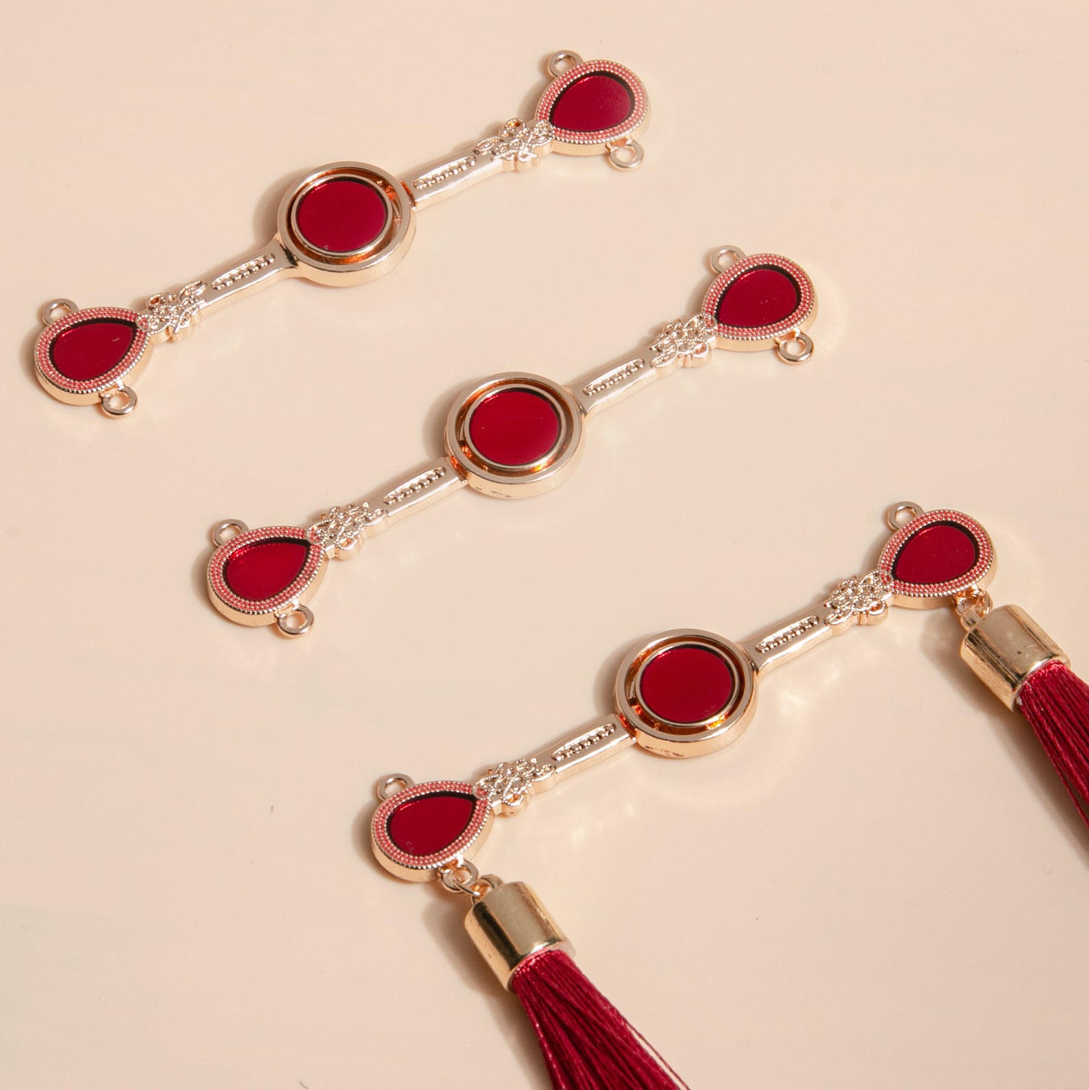Chinese frog button set, gold-tone with red enamel and tassels, 10pcs