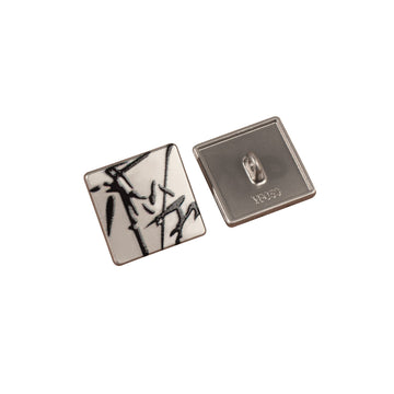 Square button: white front with black ink design, zinc alloy metal back