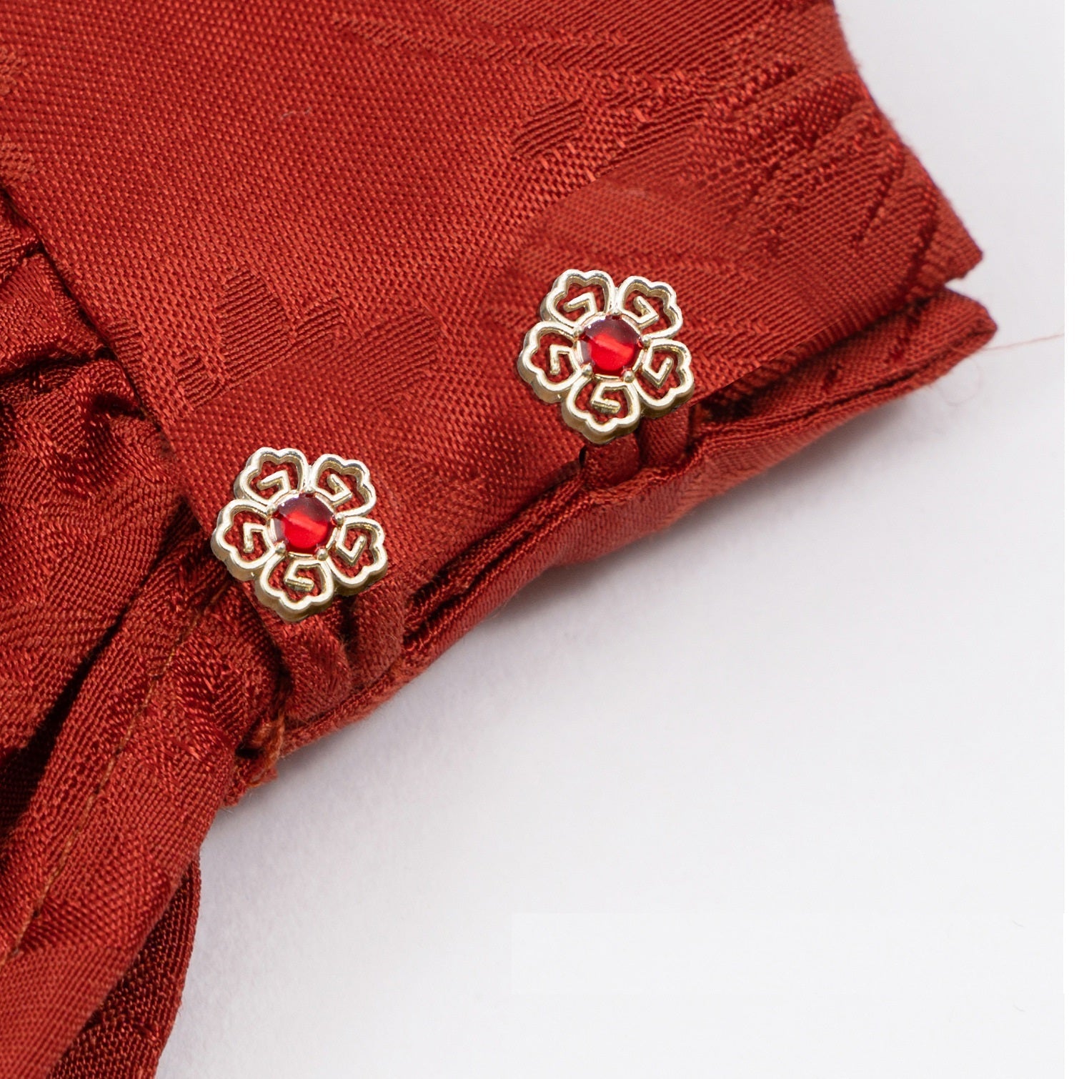 Chinese vintage floral metal cufflinks, silver-tone with red center