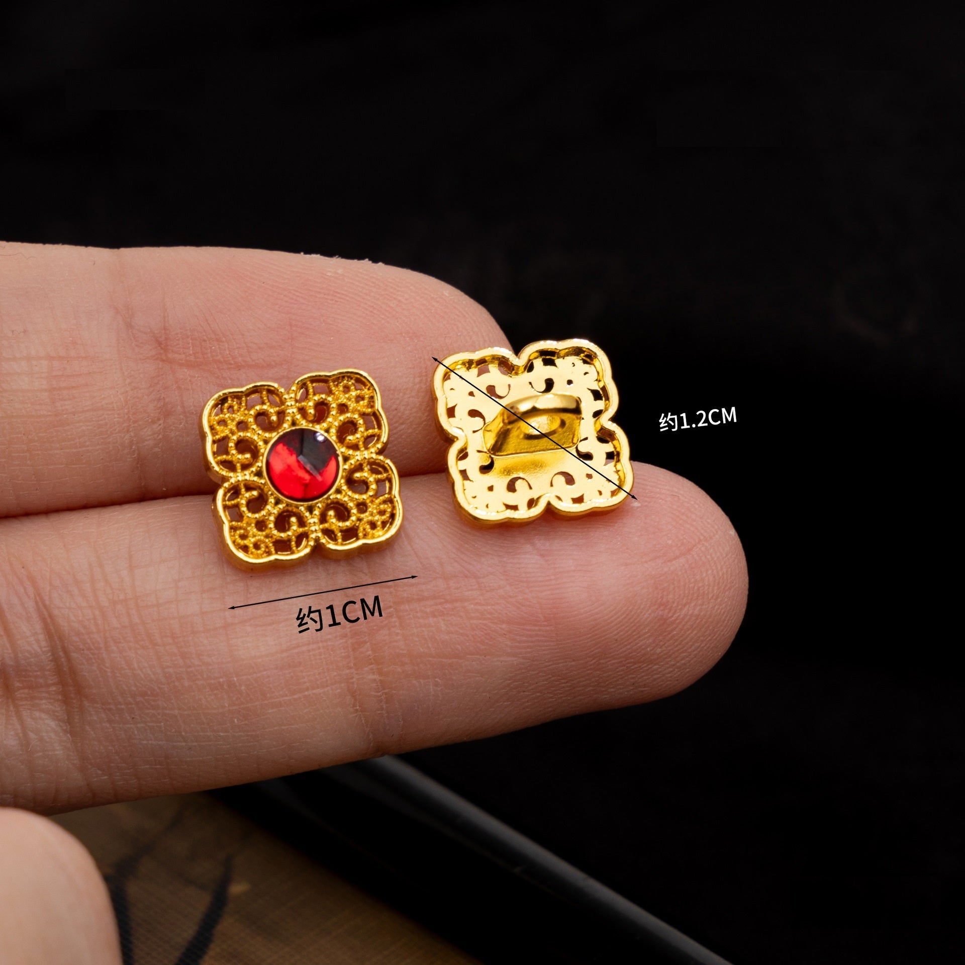 Gold square Chinese-style buttons with red centers, approx 1cm and 1.2cm