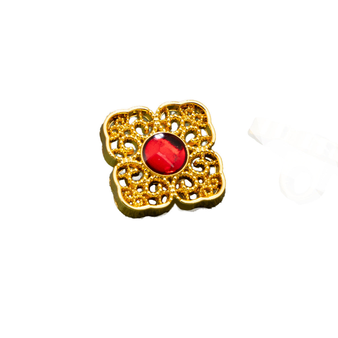 Vintage square Chinese-style metal button, gold filigree with red round center, 1cm