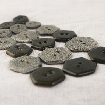 Hexagonal 2-hole ceramic buttons, black-gray speckled marble pattern, 4 pcs