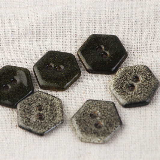 17/23/28mm Hexagonal 2 Hole Ceramic Buttons with Black Gray Marble Pattern 4pcs
