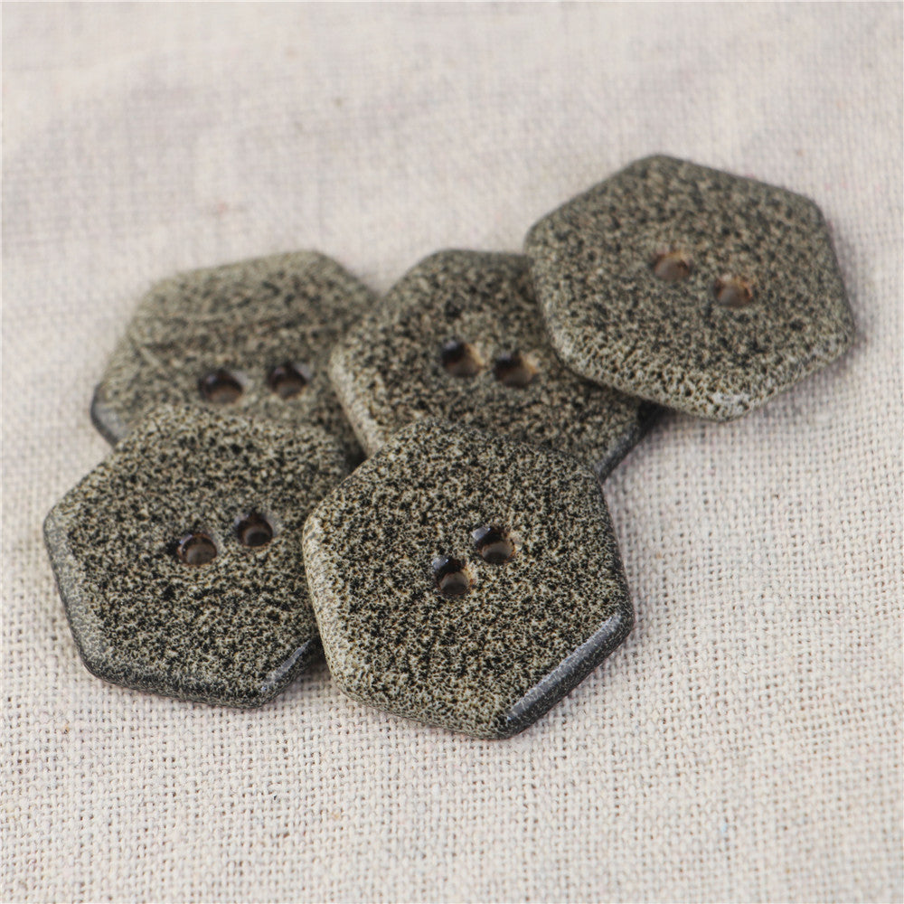 Hexagonal 2-hole ceramic buttons, speckled gray-black marble pattern