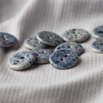 Blue and white ceramic round 2-hole sewing buttons, speckled, 10pcs
