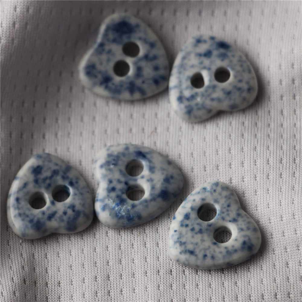 Blue and white ceramic gear-shaped 2-hole sewing buttons, speckled, 10pcs