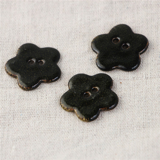 Black and Gray Five-Leaf Clover Handmade Ceramic 2 Hole Sewing Buttons 3pcs Black