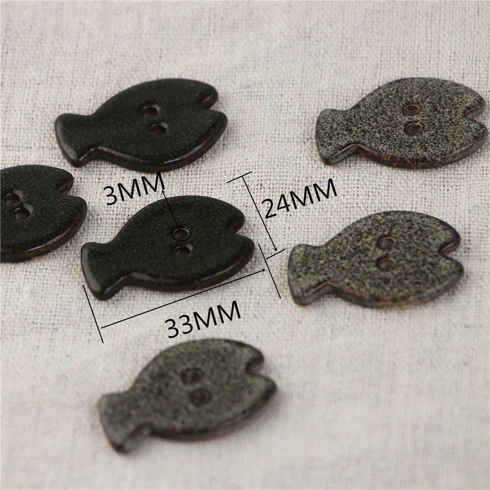 Fish ceramic buttons, two holes, black & gray, 33x24mm size shown