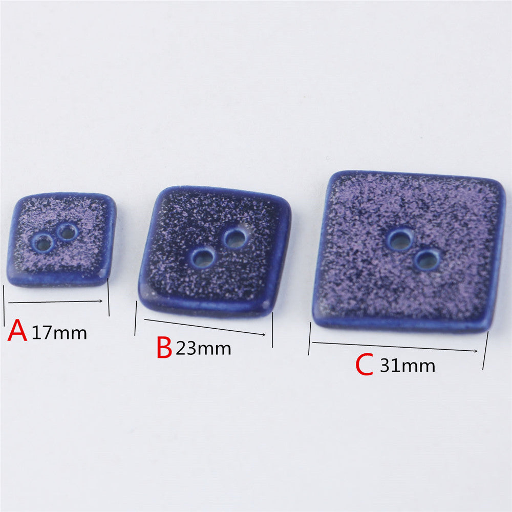 Spotted blue square ceramic buttons, 2-hole, speckled; sizes 17/23/31mm
