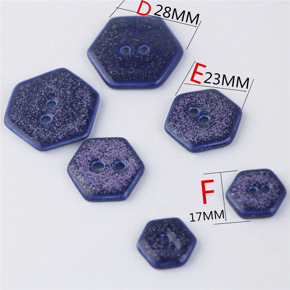Spotted blue hexagonal ceramic buttons, 2-hole, speckled; 17–28mm shown