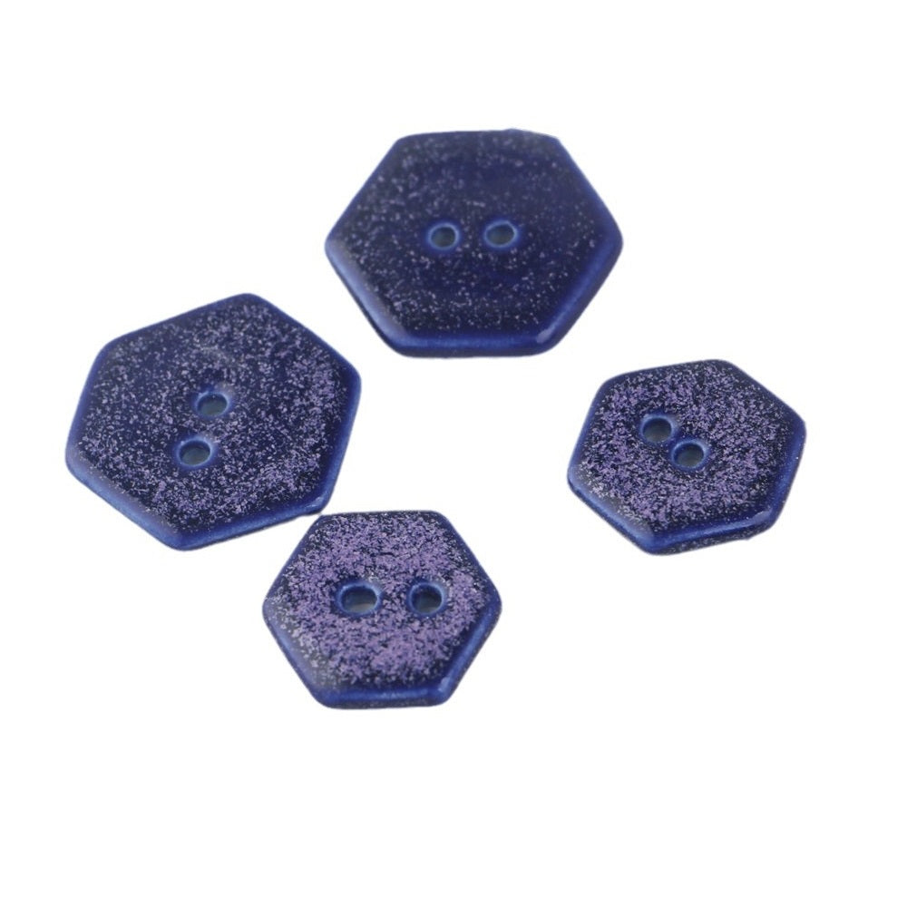 Spotted blue hexagonal ceramic buttons, 2-hole, speckled surface